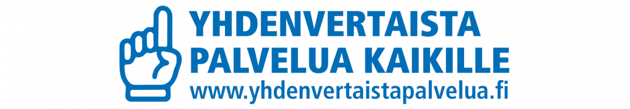 Logossa kämmen, jonka etusormi pystyssä. Teksti: Yhdenvertaista palvelua kaikille www.yhdenvertaistapalvelua.fi.